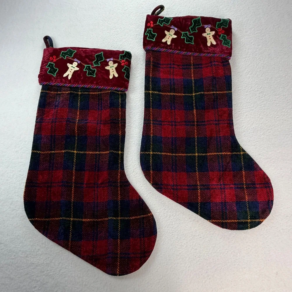 Set of 2 Plaid Chenille Christmas Stockings Gingerbread Velvet Cuff Red Navy 18